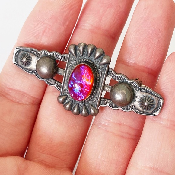 Vintage Navajo dragons breath glass sterling silver old pawn brooch pin - Picture 2 of 7